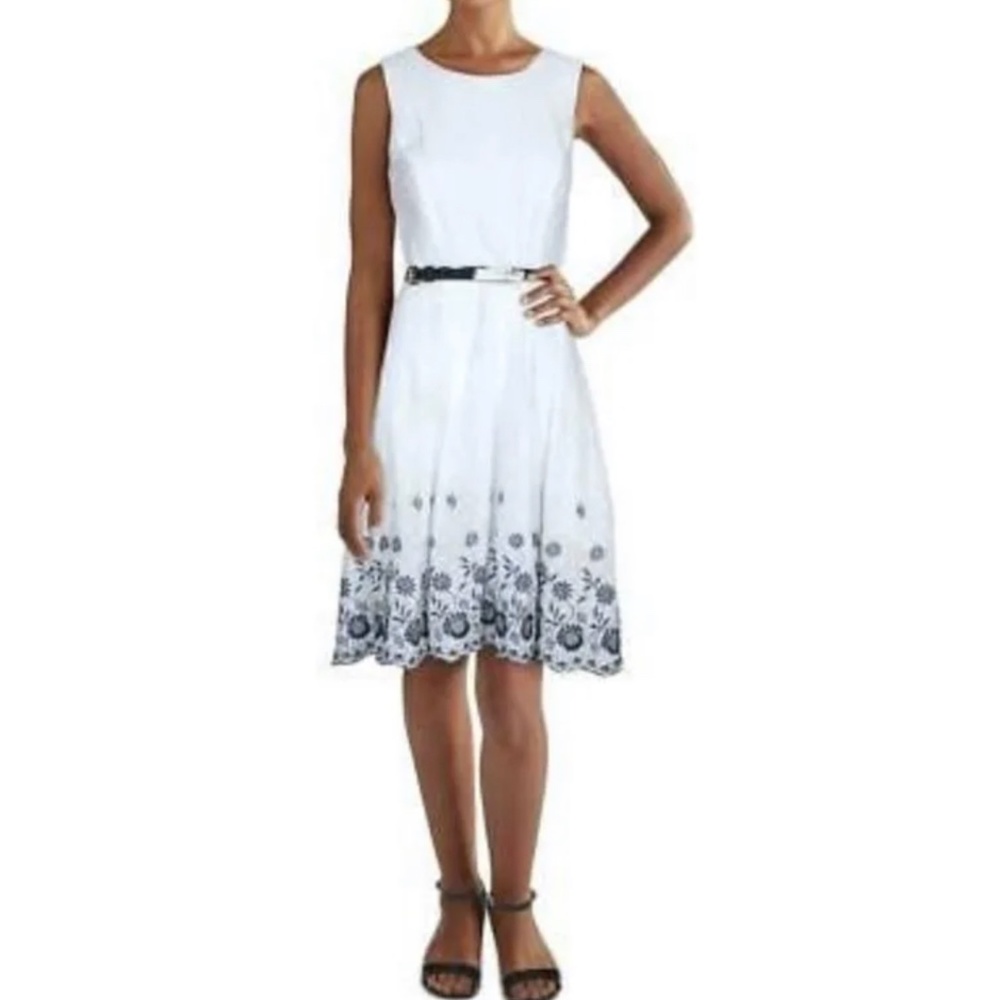 White and Blue Embroidered Belted Tommy Hilfiger Fit and Flare Dress Size 6
